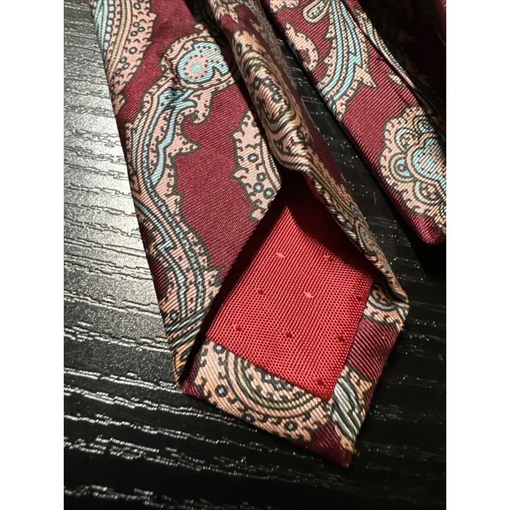CUSTOM MADE IN ITALY 100% SILK TIE MAROON, TEAL, AND GOLD
